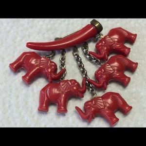 Vintage Red Bakelite Brooch Dangling Elephants